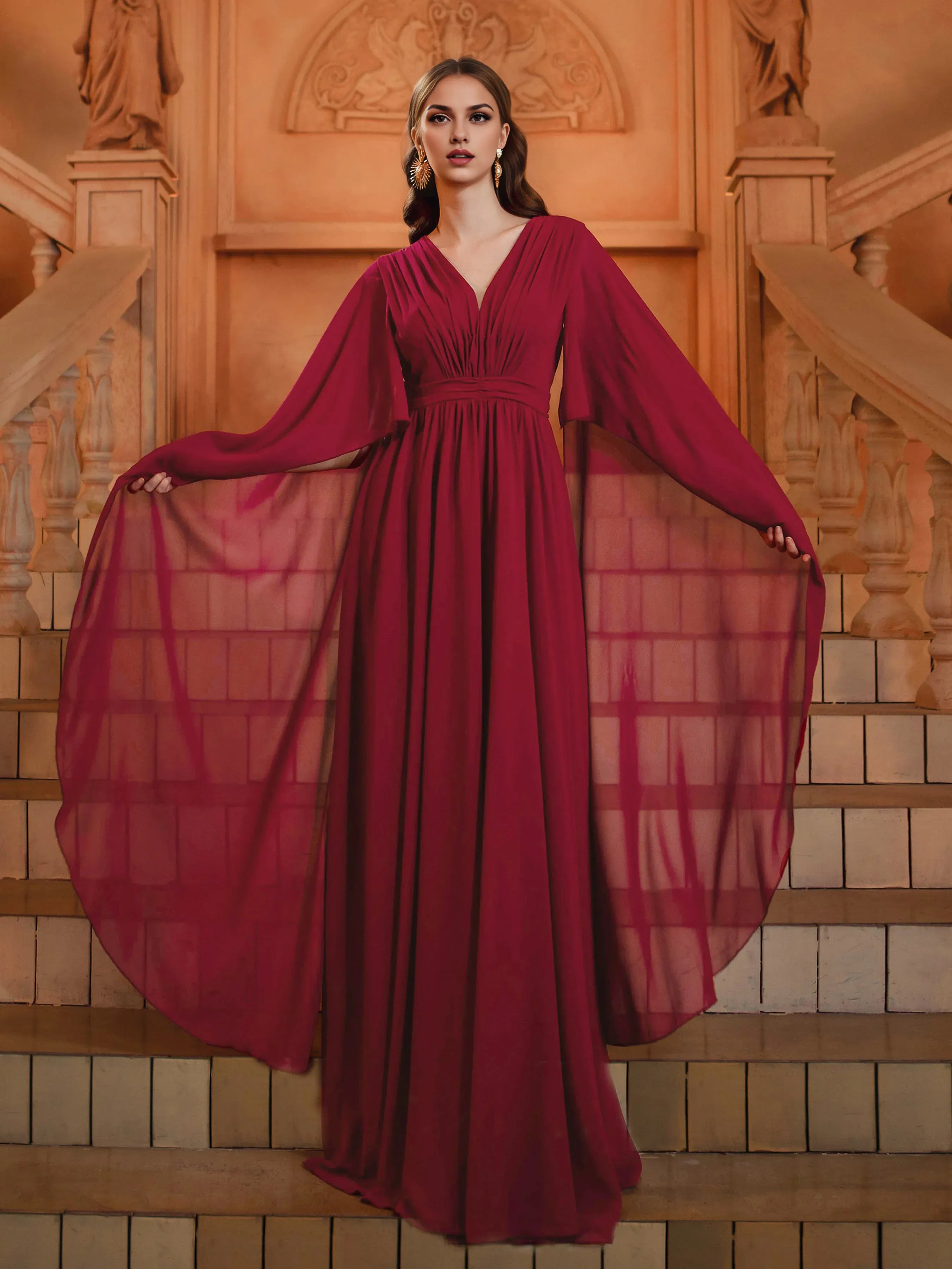 Modern A-Line V-Neck Cape Sleeve Back Zip Floor-Length Prom Dress