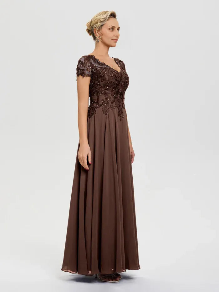 Modern A-Line V-Neck Lace Sleeves Chiffon Floor-Length Mother of the Bride Dress