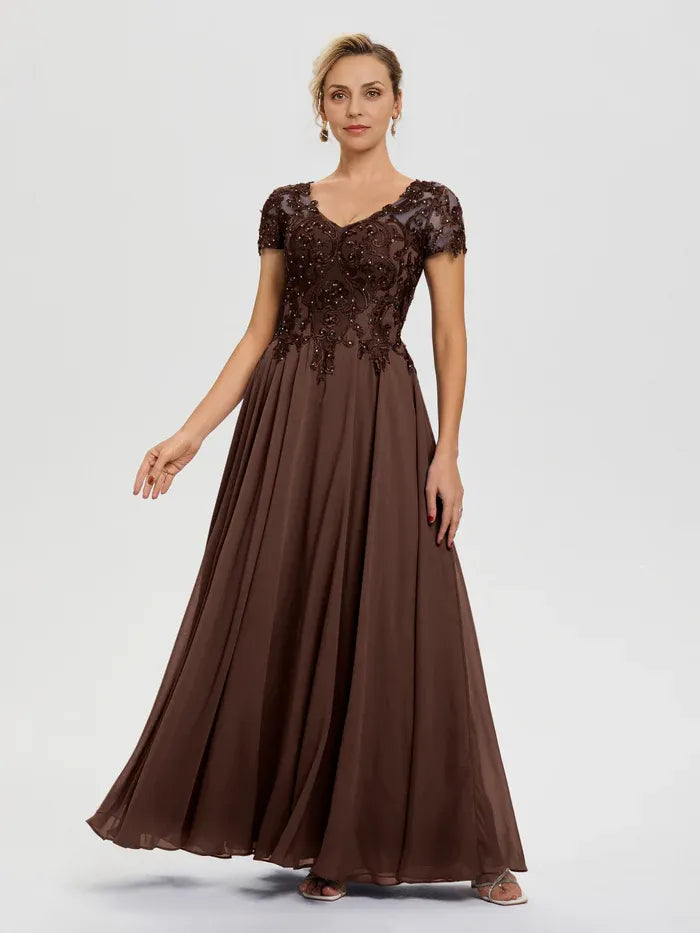 Modern A-Line V-Neck Lace Sleeves Chiffon Floor-Length Mother of the Bride Dress