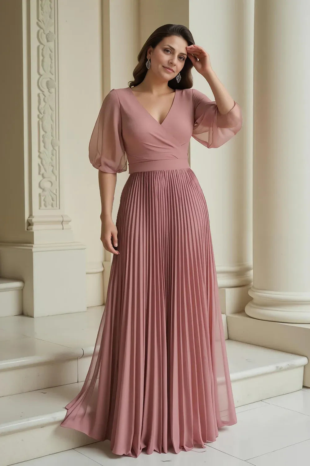 Modern A-Line V-Neck Puff Sleeve Full Coverage Floor-Length Mother of the Bride Dress
