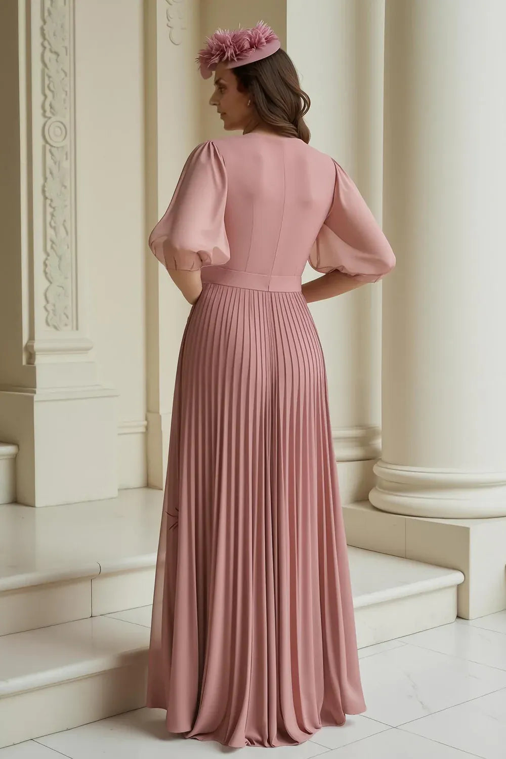 Modern A-Line V-Neck Puff Sleeve Full Coverage Floor-Length Mother of the Bride Dress