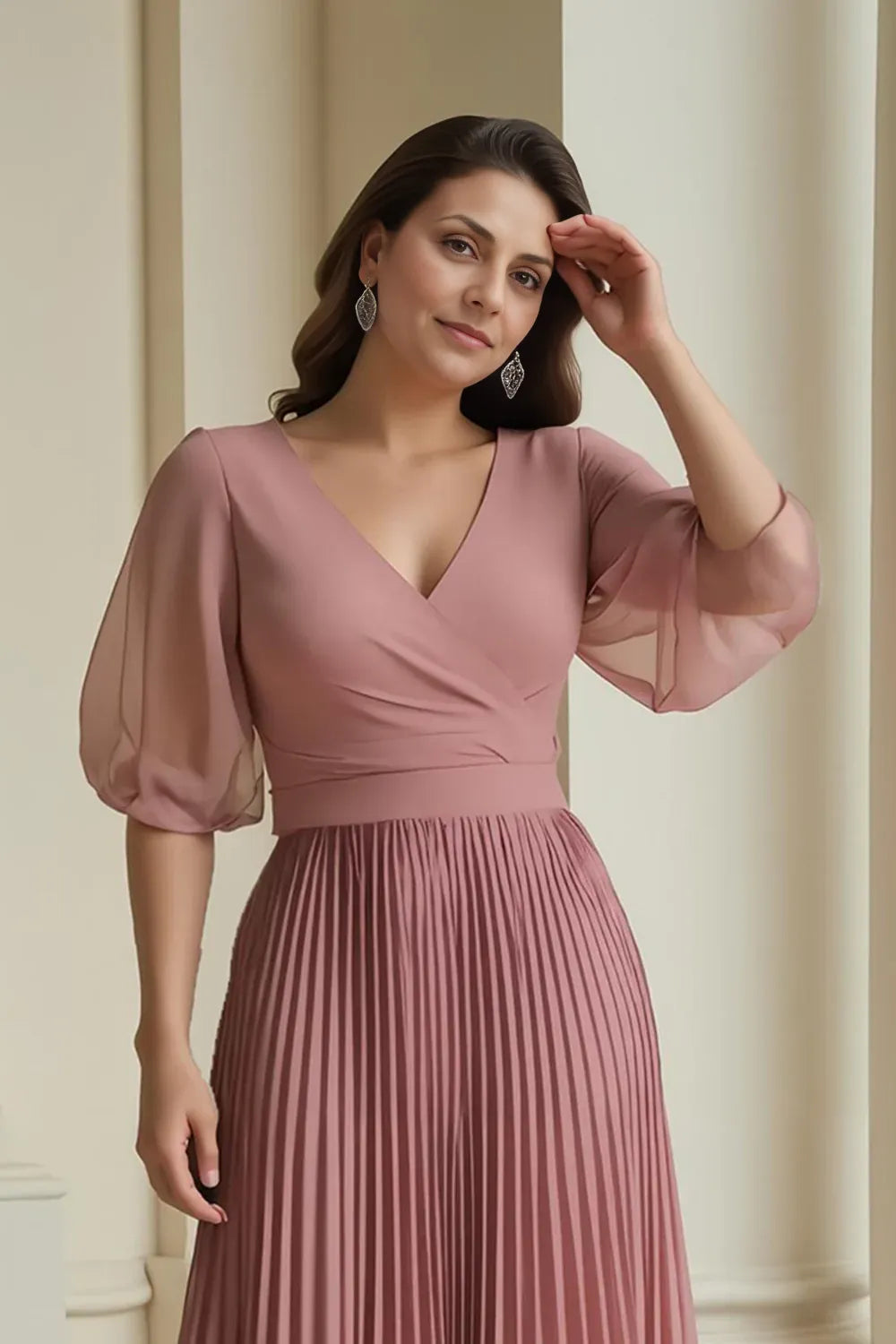 Modern A-Line V-Neck Puff Sleeve Full Coverage Floor-Length Mother of the Bride Dress