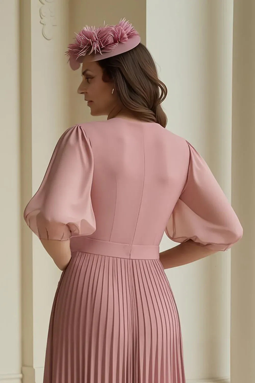 Modern A-Line V-Neck Puff Sleeve Full Coverage Floor-Length Mother of the Bride Dress