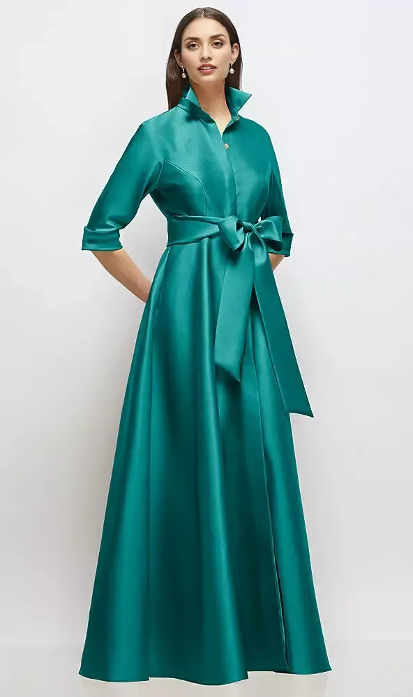 Modern A-Line V Neck 3/4 Sleeve Full Coverage Back Floor-Length Mother of the Bride Dress