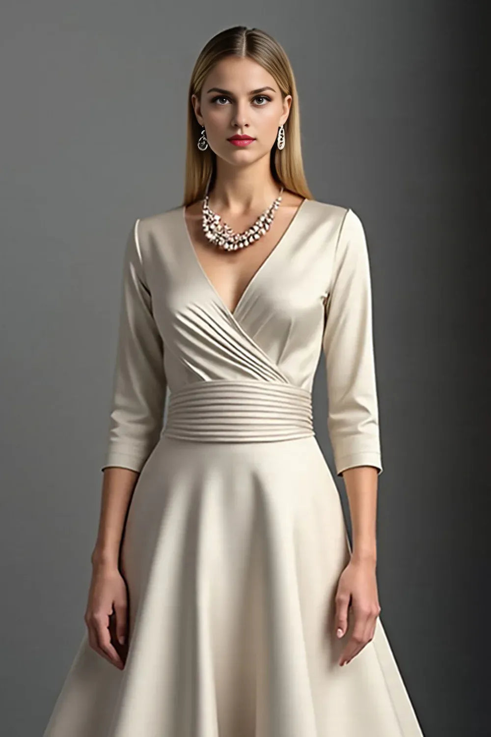 Modern A-Line V Neck 3/4 Sleeve Zipper Up Tea-Length Mother of the Bride Dress