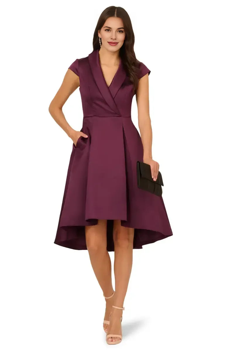 Modern A-Line V Neck Cap Sleeve Satin Tea-Length Mother of the Bride Dress