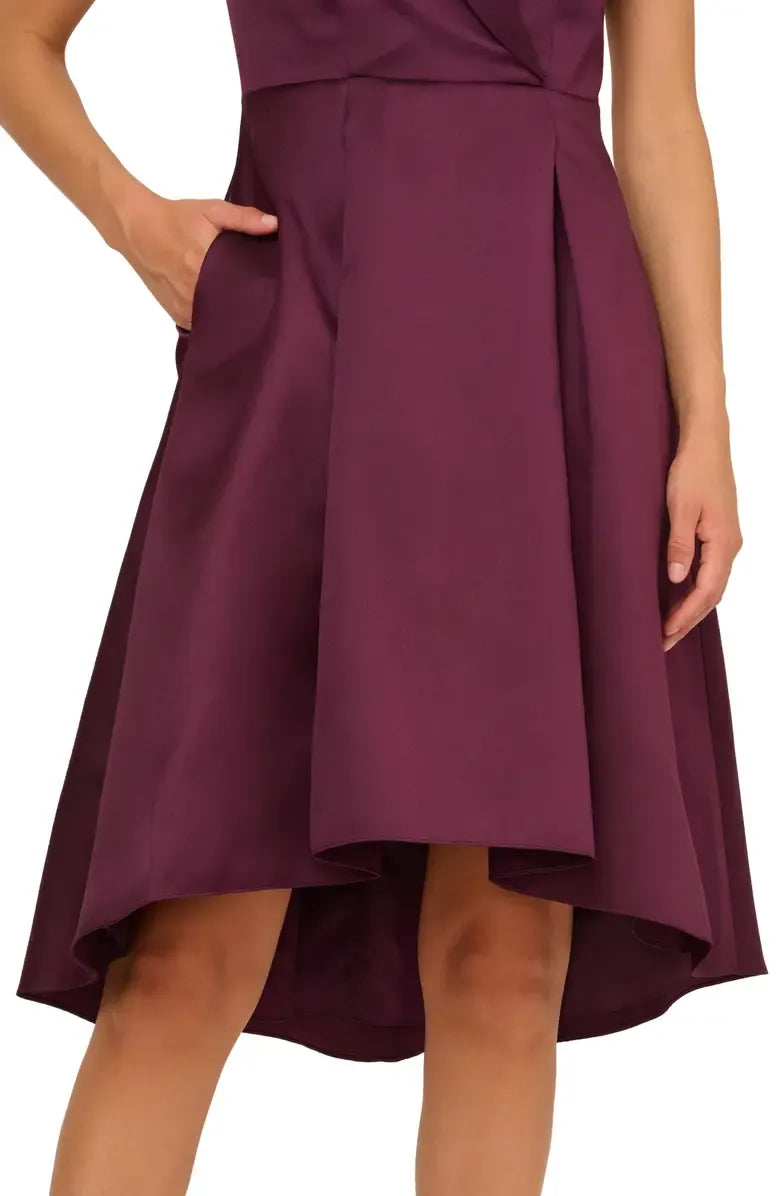 Modern A-Line V Neck Cap Sleeve Satin Tea-Length Mother of the Bride Dress