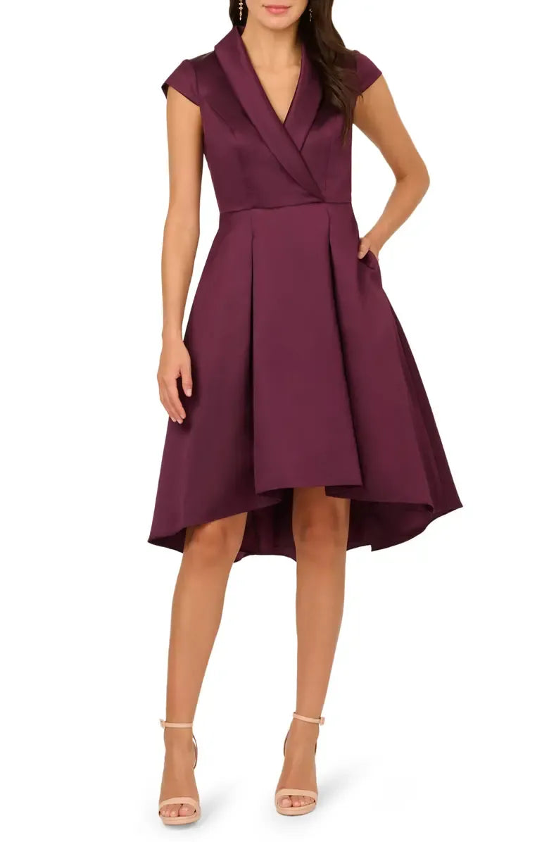 Modern A-Line V Neck Cap Sleeve Satin Tea-Length Mother of the Bride Dress