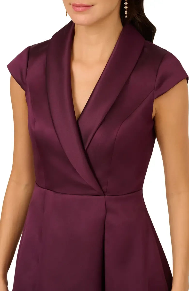 Modern A-Line V Neck Cap Sleeve Satin Tea-Length Mother of the Bride Dress