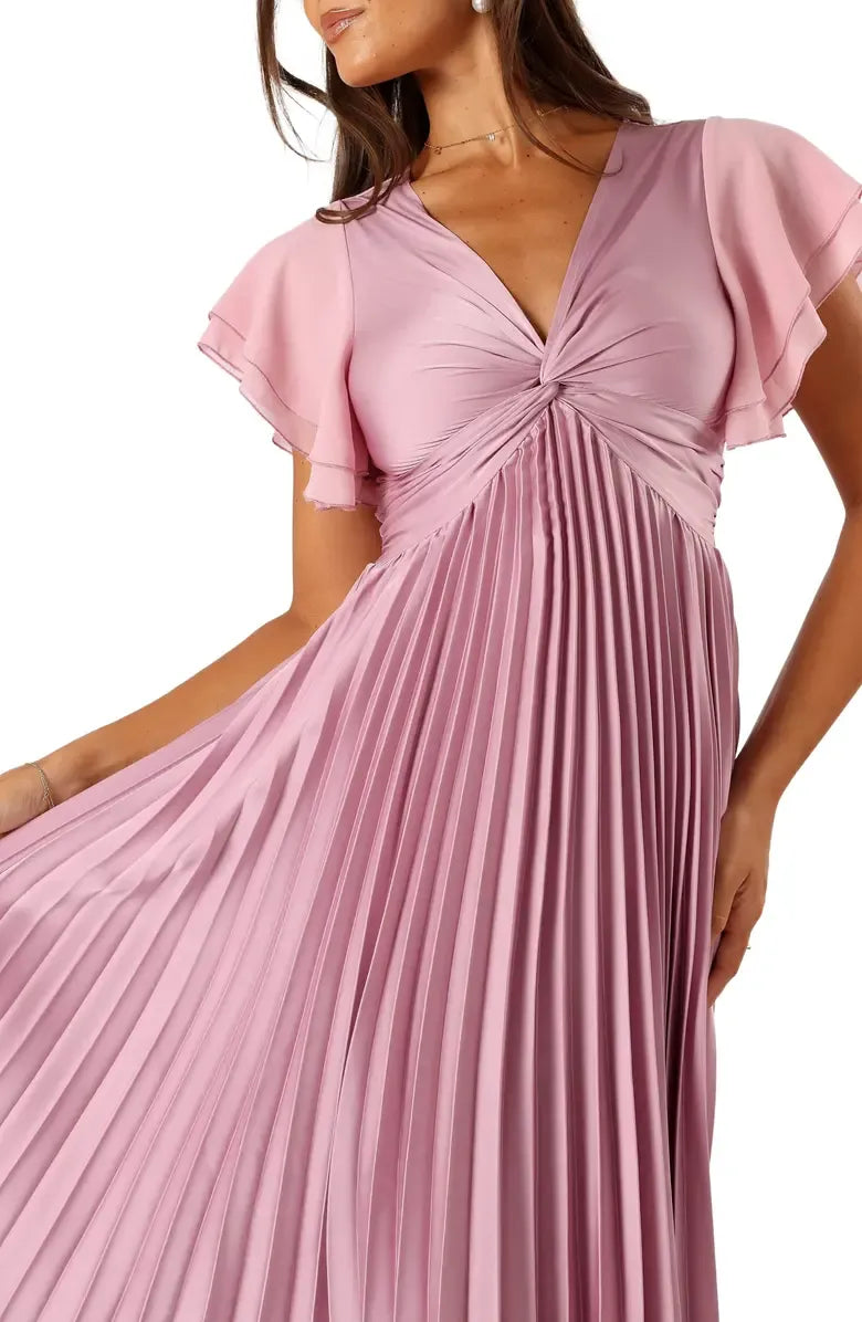 Modern A-Line V Neck Flutter Sleeve Zipper Up Floor-Length Prom Dress