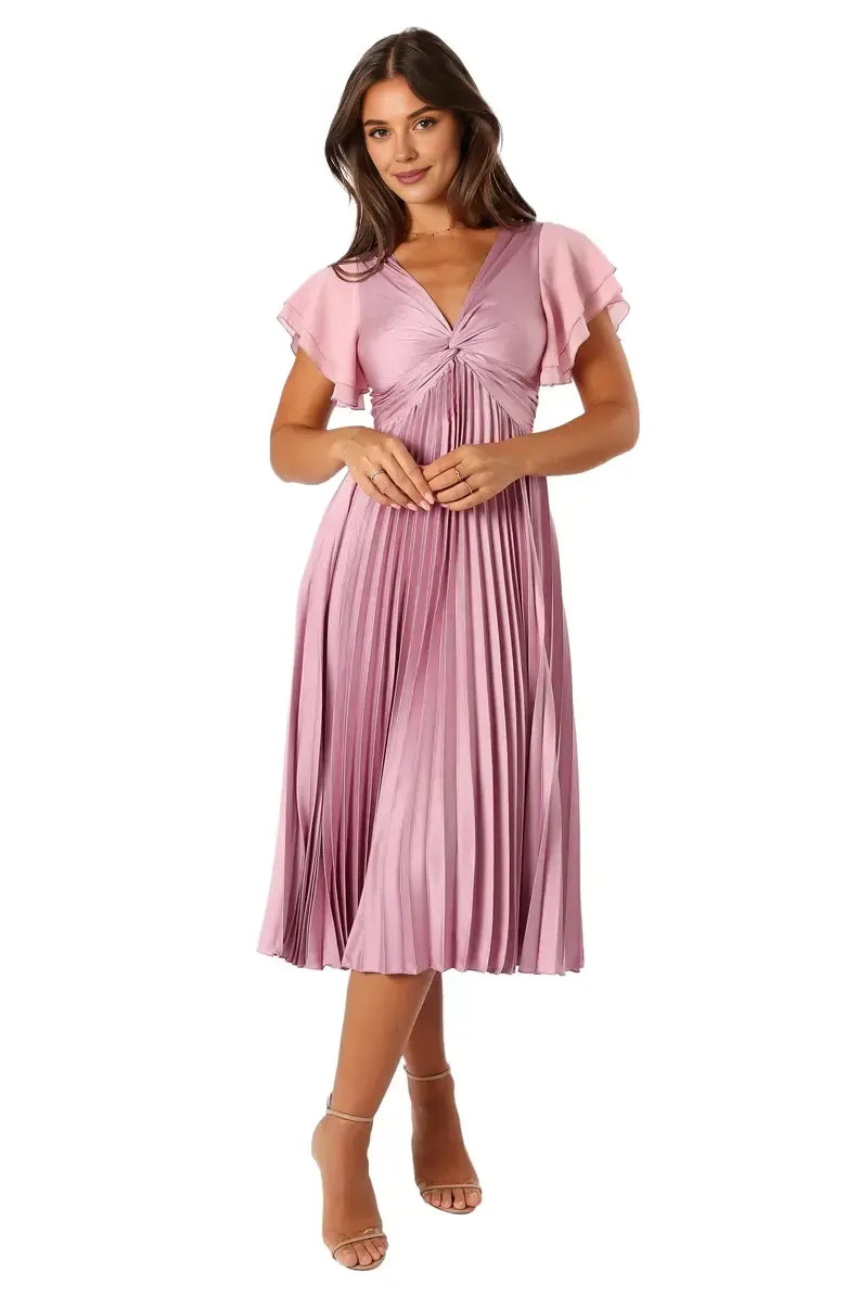 Modern A-Line V Neck Flutter Sleeve Zipper Up Floor-Length Prom Dress