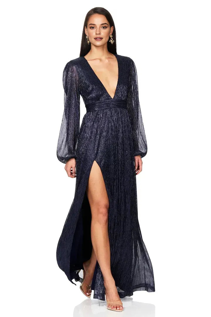 Modern A-Line V Neck Long Sleeve Metallic Floor-Length Prom Dress
