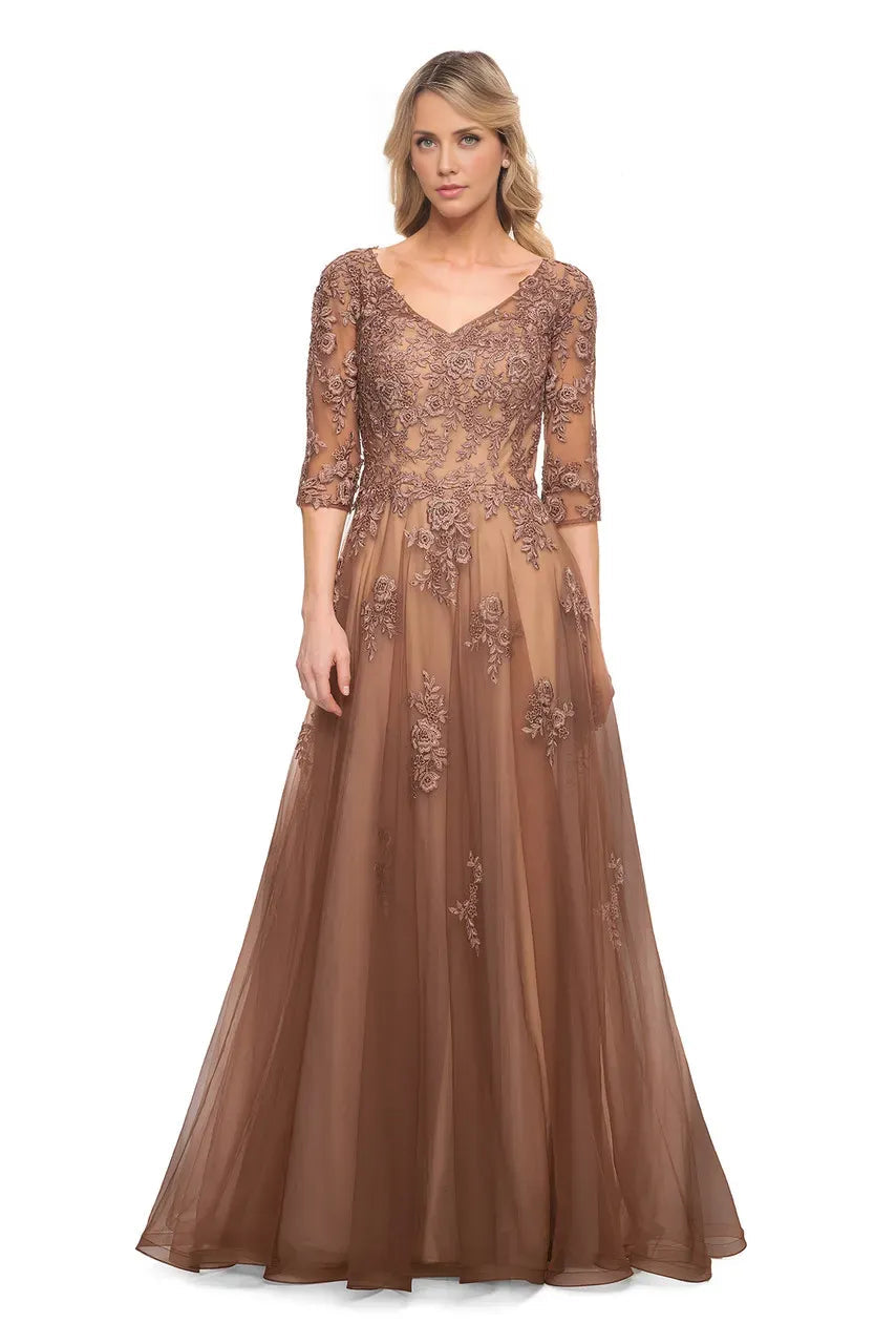 Modern A-Line V Neck Long Sleeve Zipper Up Floor-Length Mother of the Bride Dress