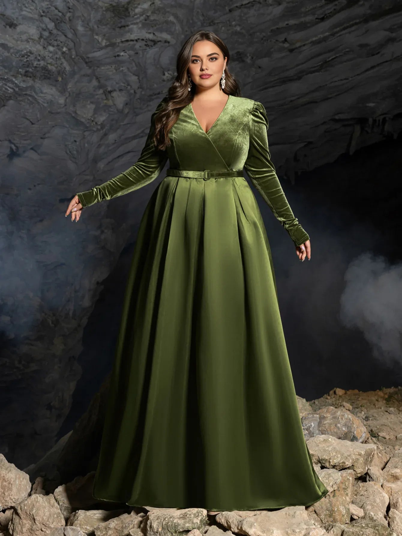 Modern A-Line V Neck Long Sleeve Zipper Up Floor-Length Prom Dress