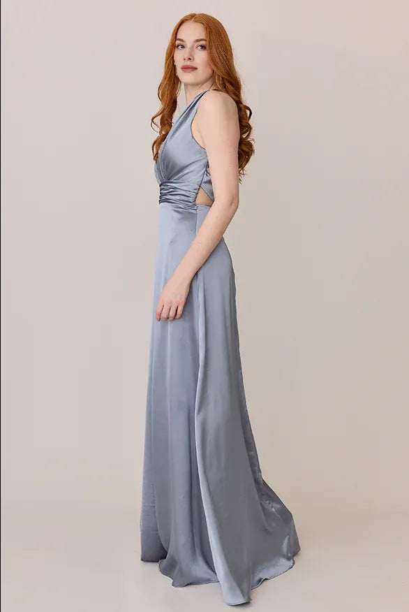 Modern A-Line V Neck Sleeveless Satin Floor-Length Prom Dress