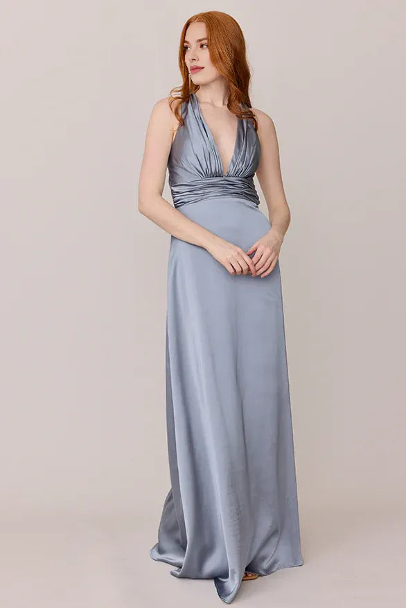 Modern A-Line V Neck Sleeveless Satin Floor-Length Prom Dress