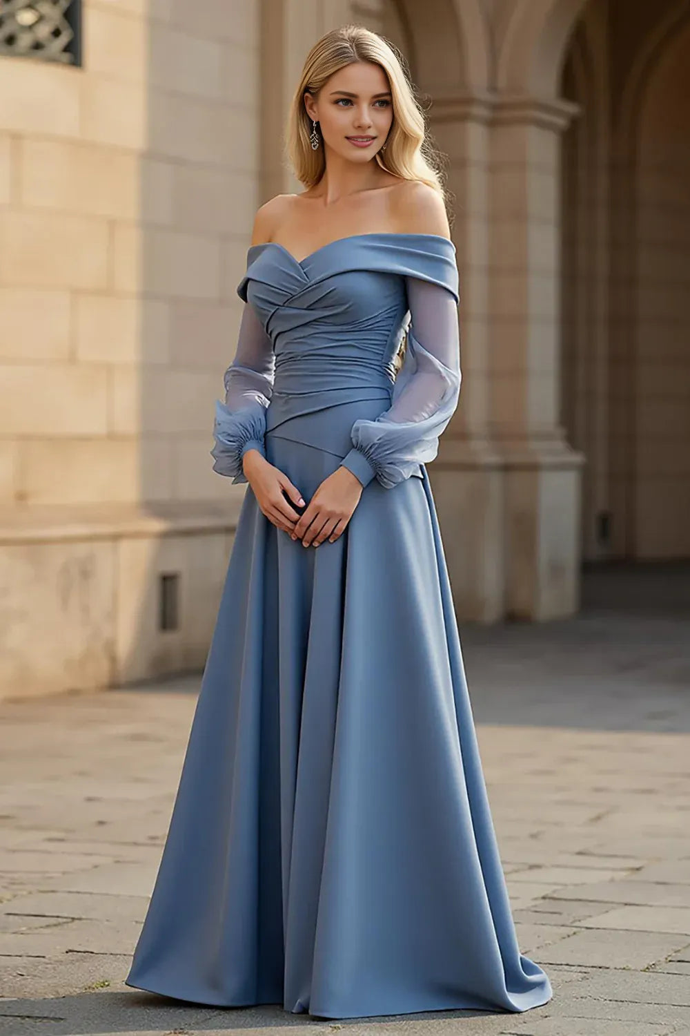 Modern A Line Off the Shoulder Long Sleeve Backless Floor-Length Prom Dress
