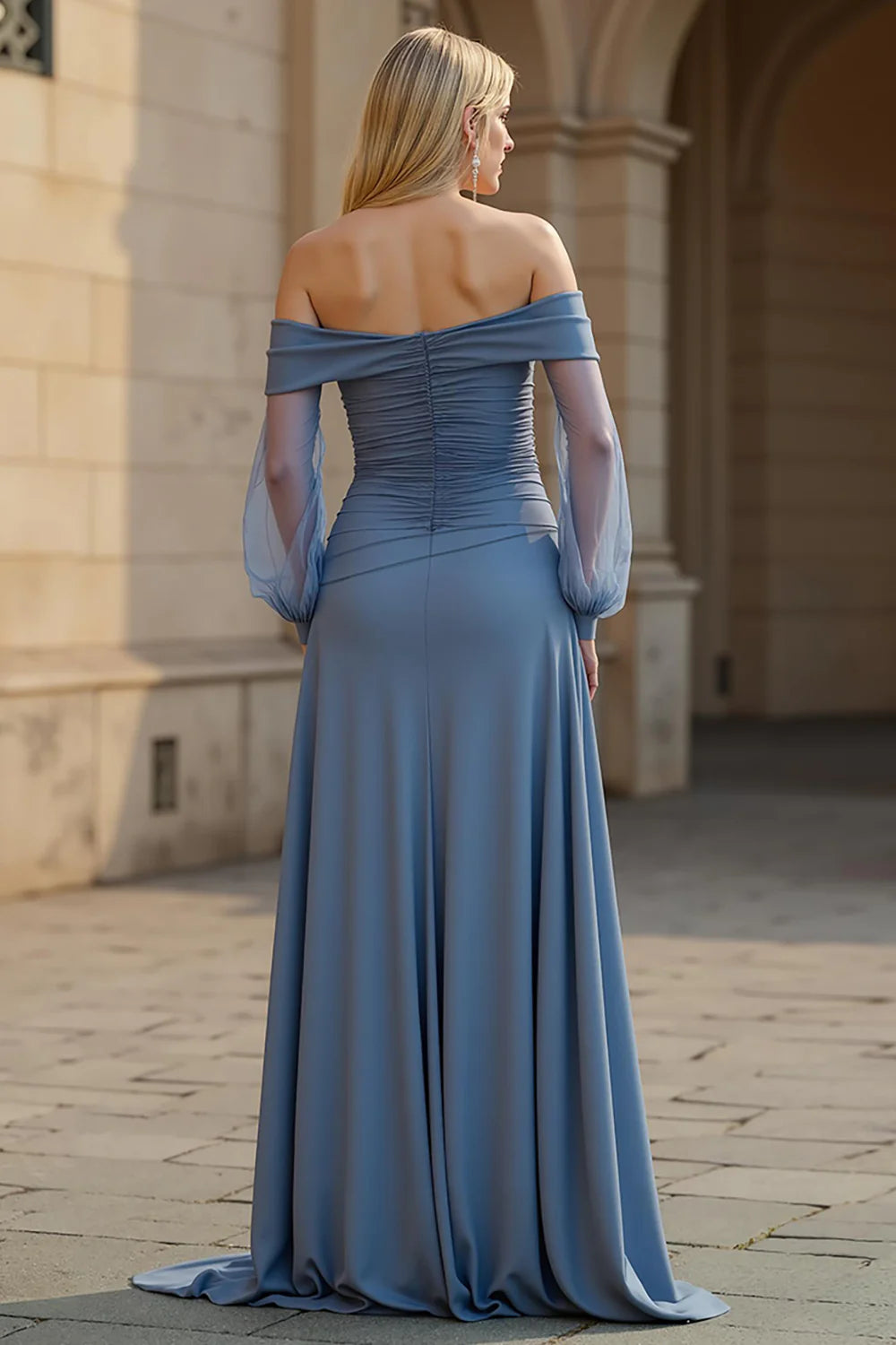 Modern A Line Off the Shoulder Long Sleeve Backless Floor-Length Prom Dress