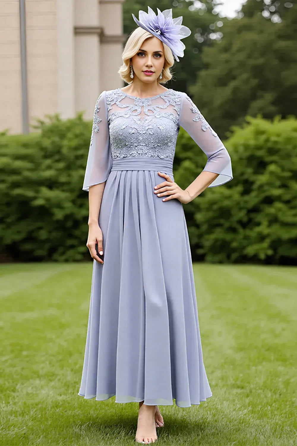 Modern A Line Scoop-Neck Long Sleeve V Back Ankle-Length Mother of the Bride Dress