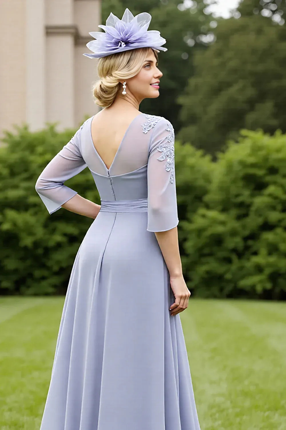 Modern A Line Scoop-Neck Long Sleeve V Back Ankle-Length Mother of the Bride Dress