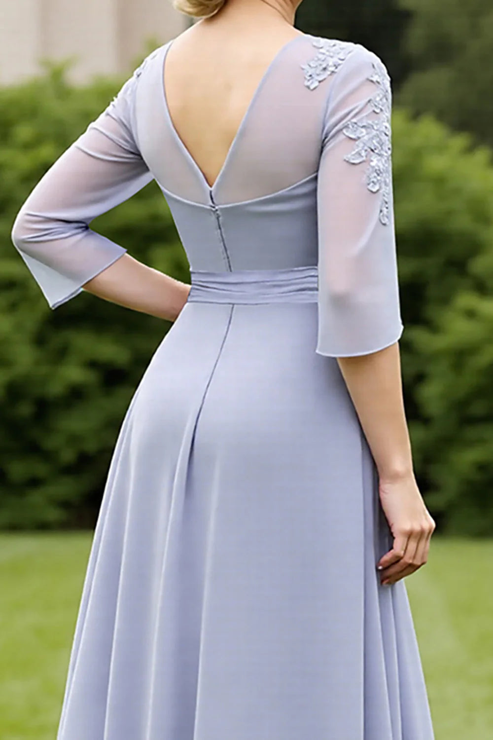 Modern A Line Scoop-Neck Long Sleeve V Back Ankle-Length Mother of the Bride Dress