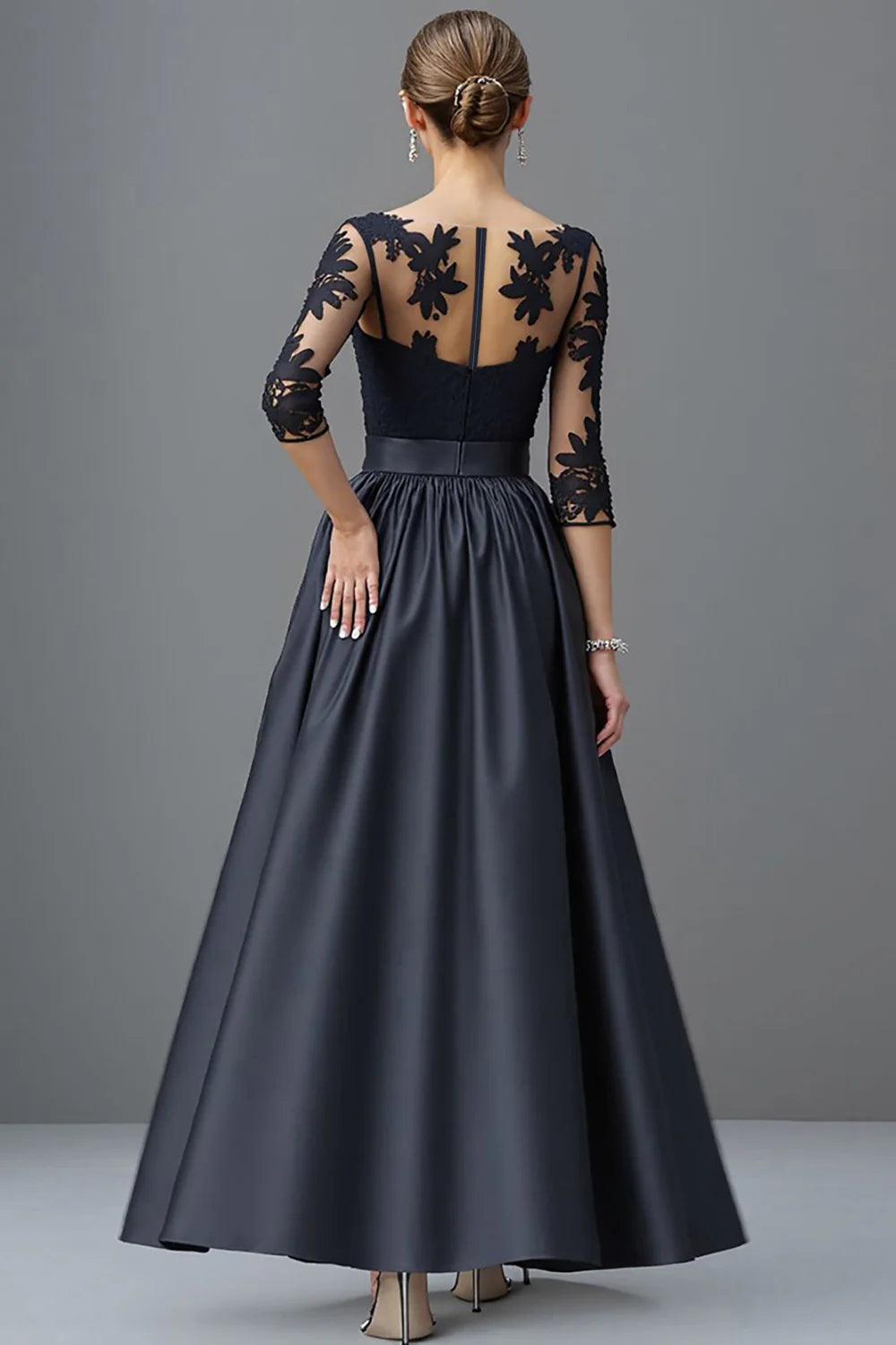 Modern A Line Scoop Neck Long Sleeve Sheer Back Floor-Length Mother of the Bride Dress