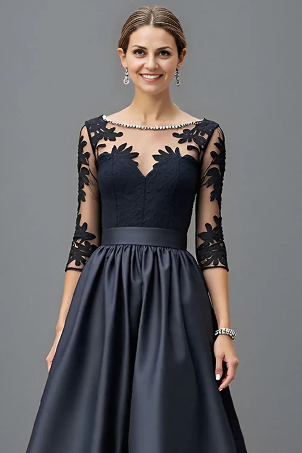 Modern A Line Scoop Neck Long Sleeve Sheer Back Floor-Length Mother of the Bride Dress