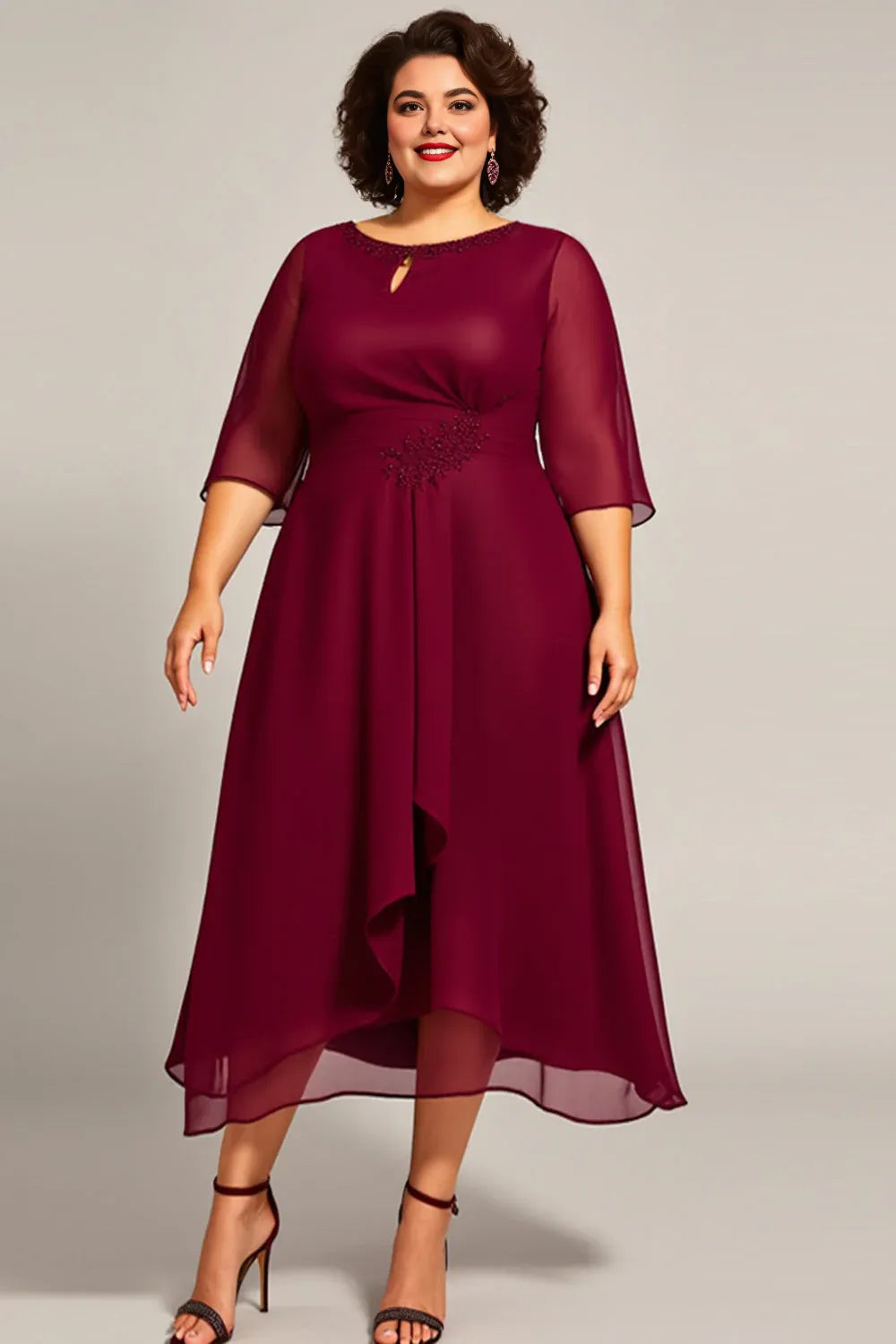 Modern A Line Scoop Neck Long Sleeves Zipper Up Tea-Length Plus Size Mother of the Bride Dress