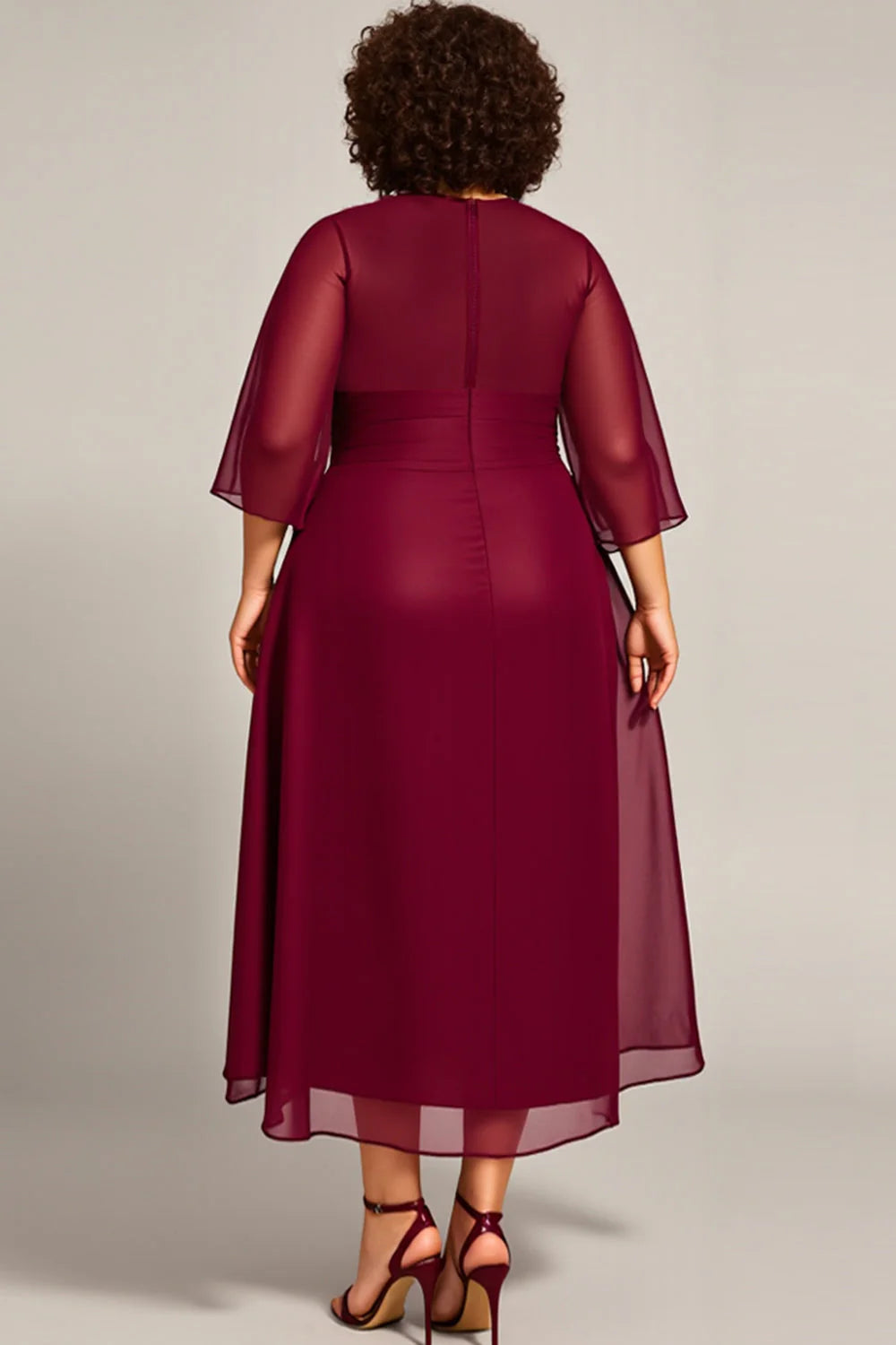 Modern A Line Scoop Neck Long Sleeves Zipper Up Tea-Length Plus Size Mother of the Bride Dress