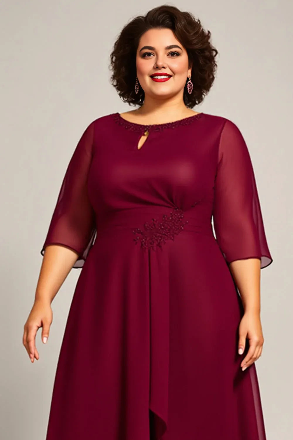 Modern A Line Scoop Neck Long Sleeves Zipper Up Tea-Length Plus Size Mother of the Bride Dress