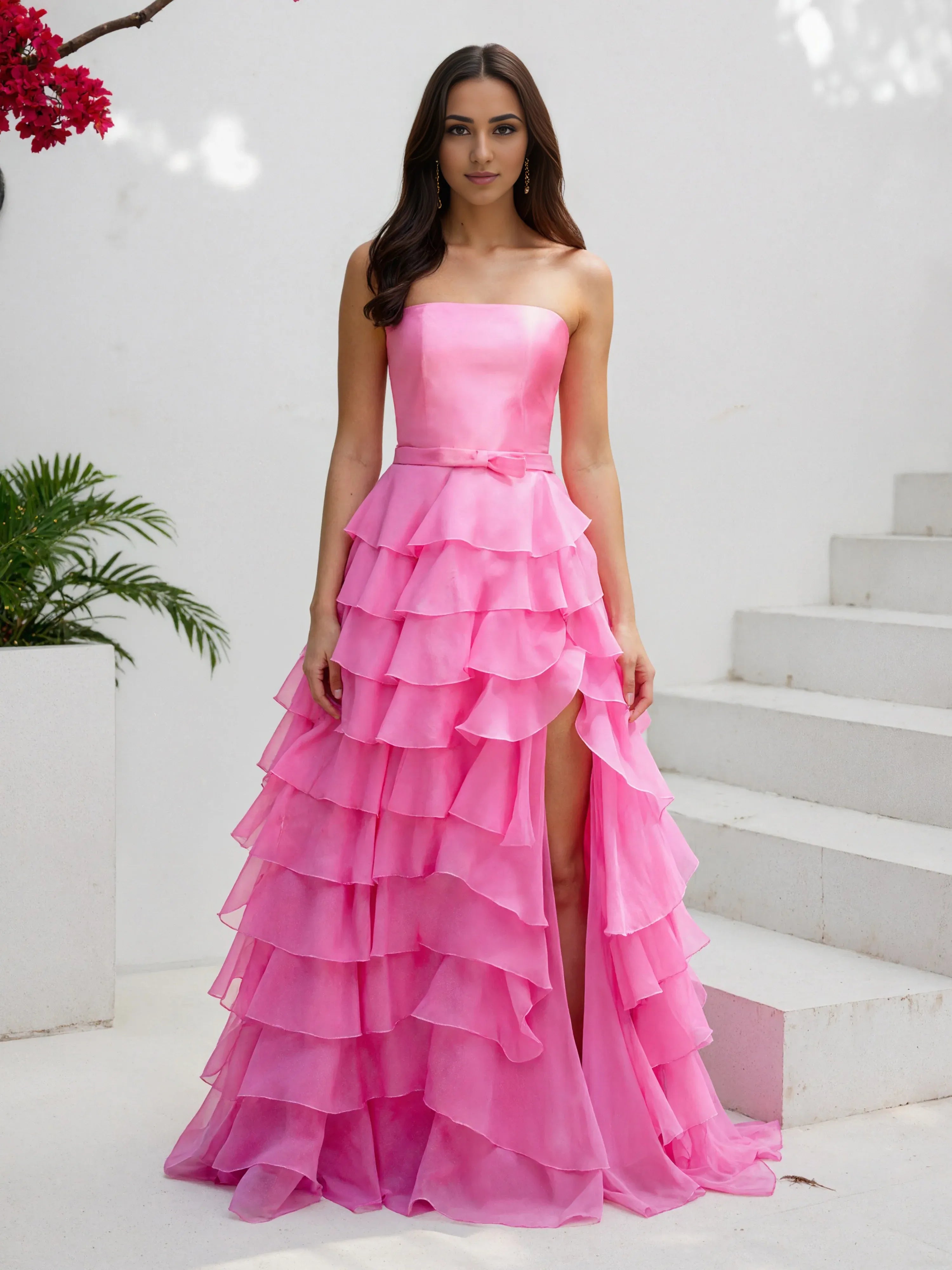 Modern A Line Strapless Sleeveless Open Back Sweep/Brush Train Prom Dress