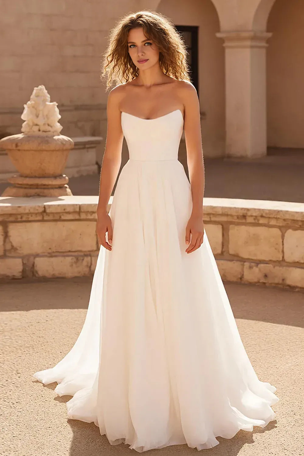 Modern A Line Strapless Sleeveless Pleated Chiffon Sweep Train Wedding Dress
