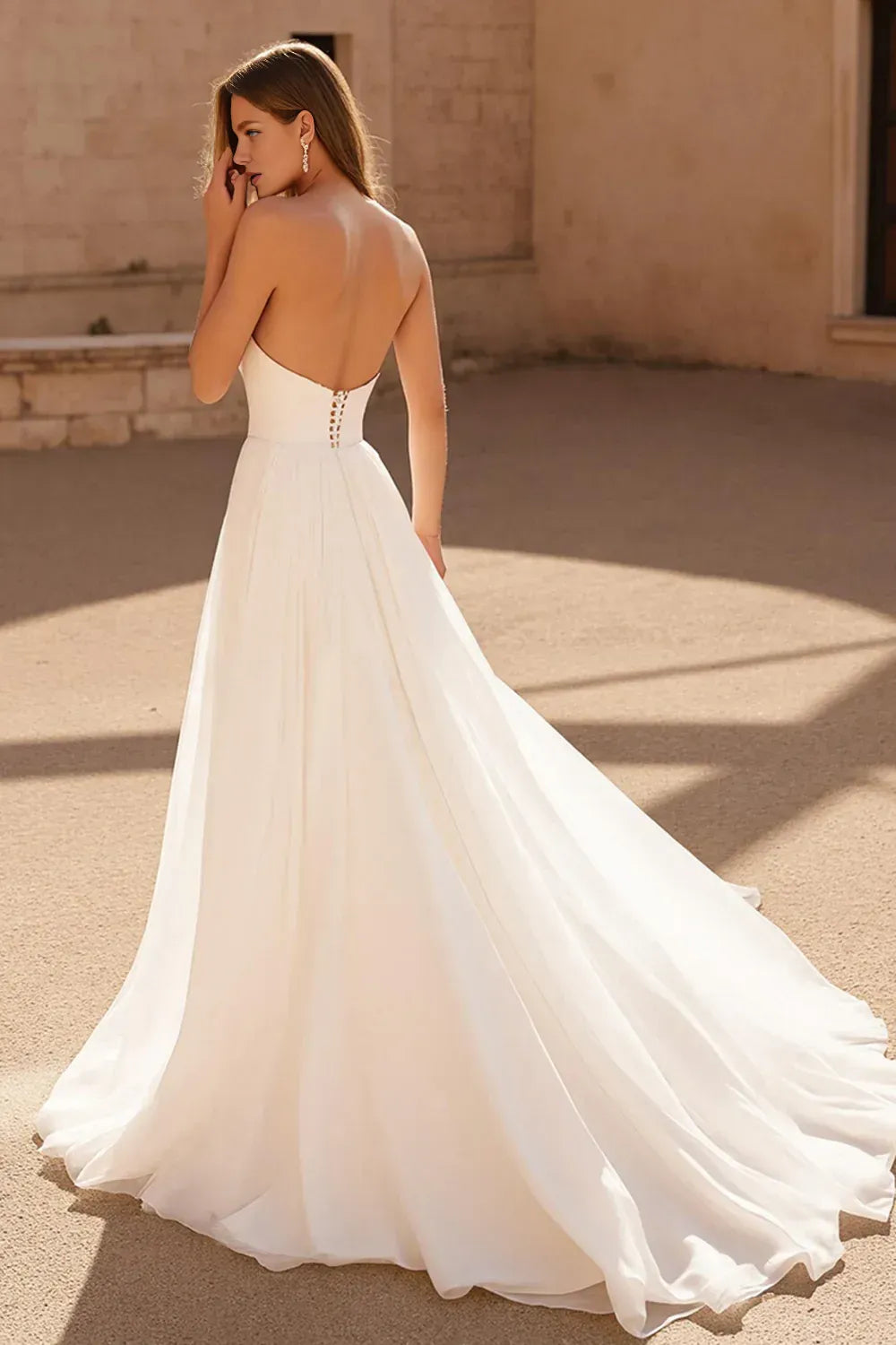 Modern A Line Strapless Sleeveless Pleated Chiffon Sweep Train Wedding Dress