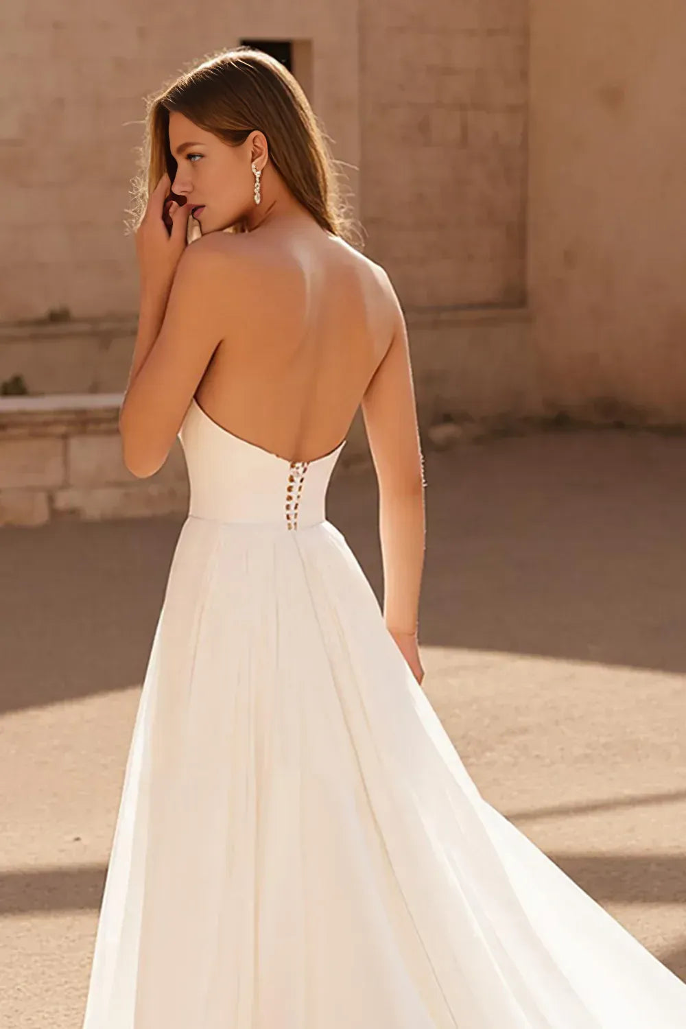 Modern A Line Strapless Sleeveless Pleated Chiffon Sweep Train Wedding Dress