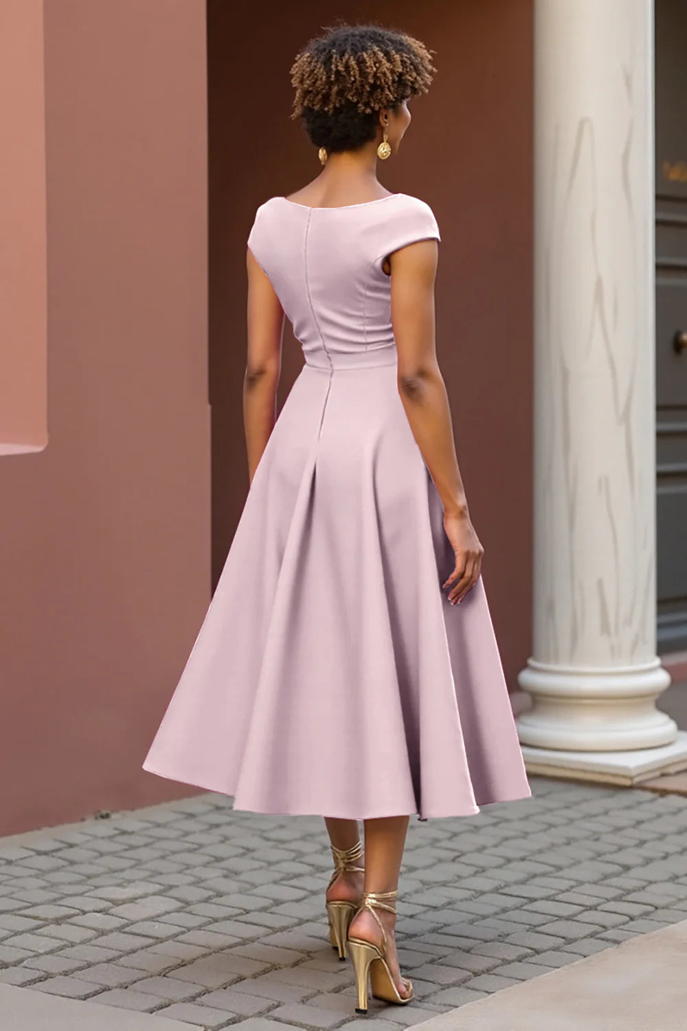 Modern A Line V-Neck Cap Sleeve Zipper Up Tea-Length Mother of the Bride Dress