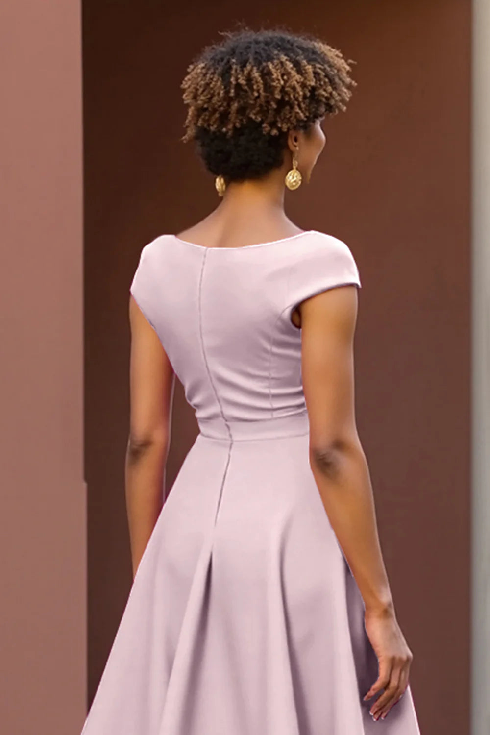 Modern A Line V-Neck Cap Sleeve Zipper Up Tea-Length Mother of the Bride Dress