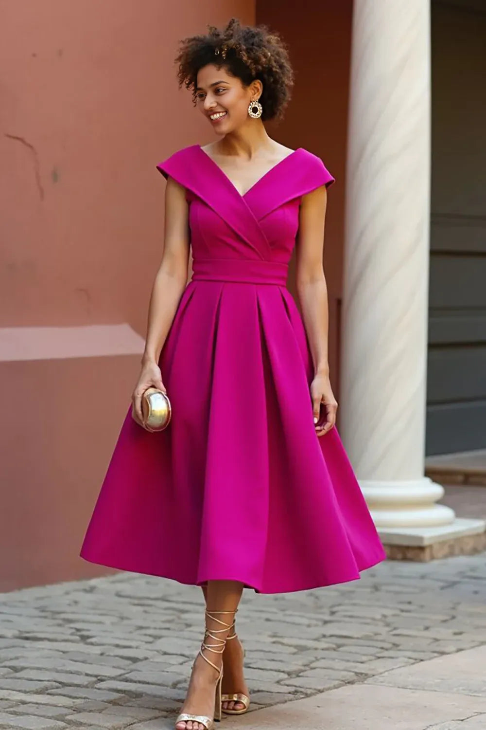 Modern A Line V-Neck Cap Sleeve Zipper Up Tea-Length Mother of the Bride Dress
