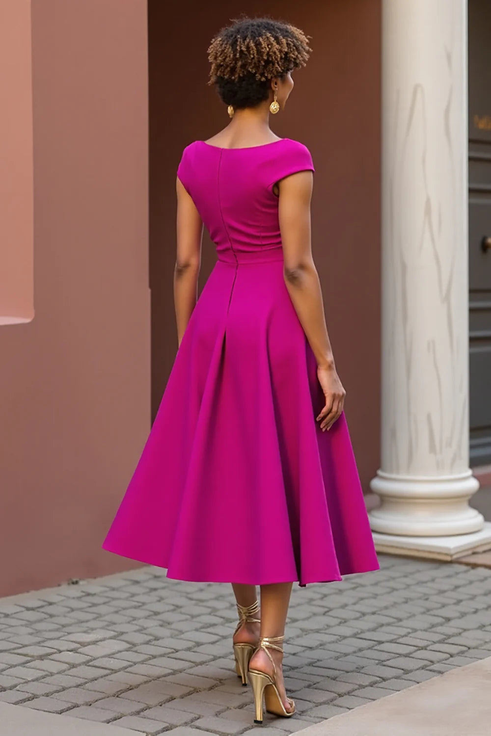 Modern A Line V-Neck Cap Sleeve Zipper Up Tea-Length Mother of the Bride Dress