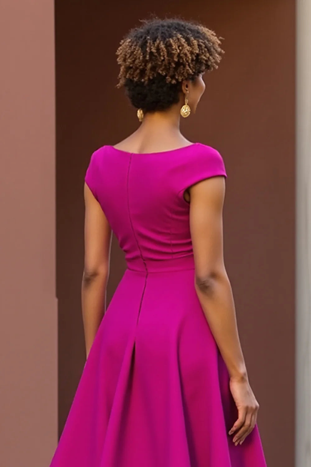 Modern A Line V-Neck Cap Sleeve Zipper Up Tea-Length Mother of the Bride Dress