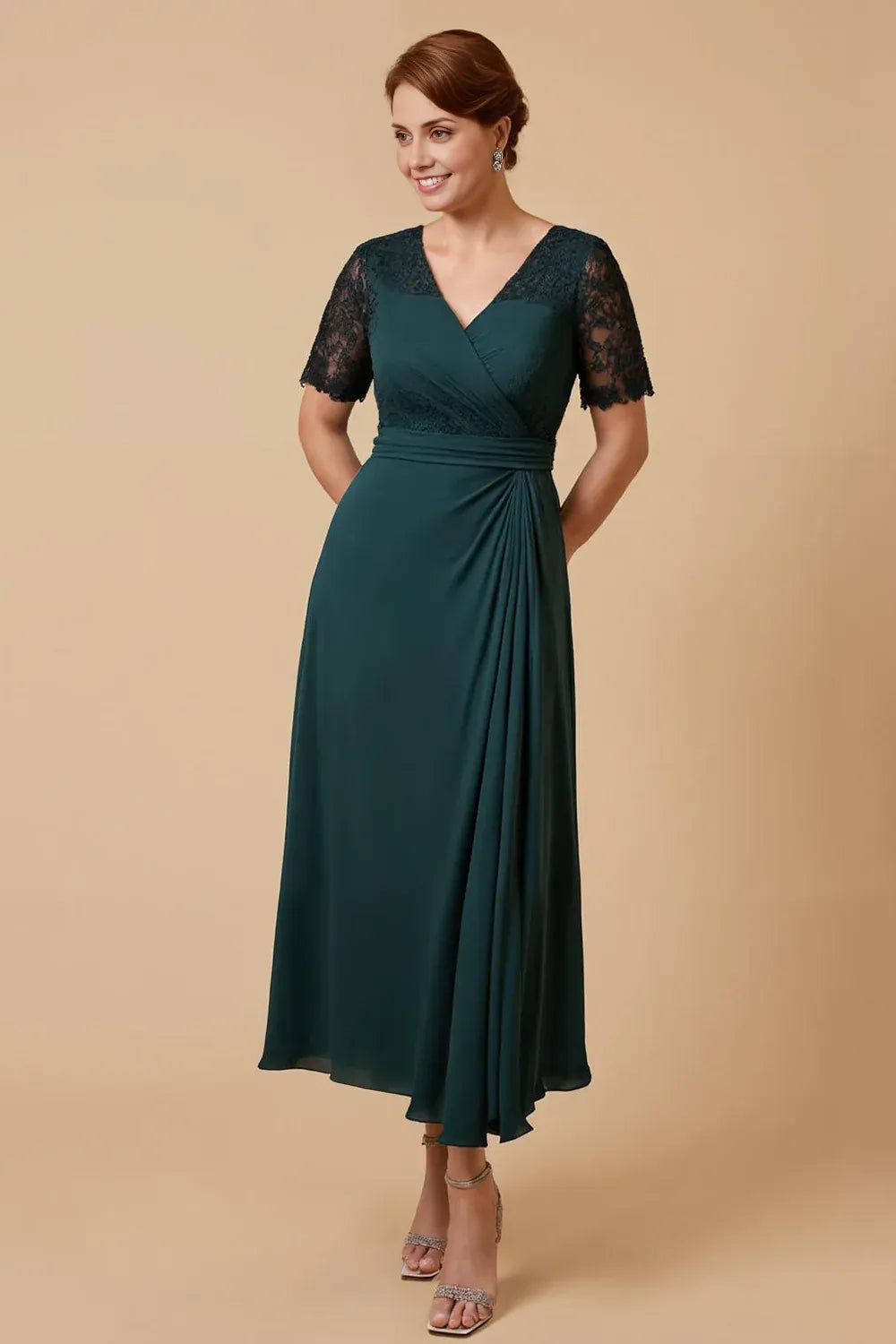 Modern A Line V-Neck Lace Sleeve Zipper Up Ankle-Length Mother of the Bride Dress