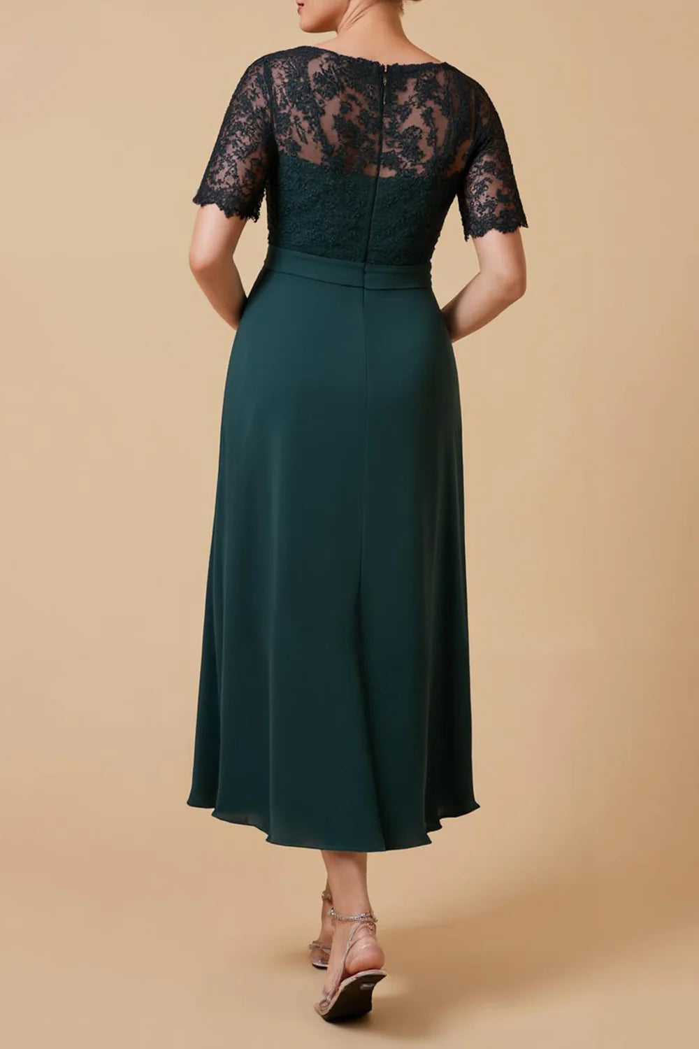 Modern A Line V-Neck Lace Sleeve Zipper Up Ankle-Length Mother of the Bride Dress