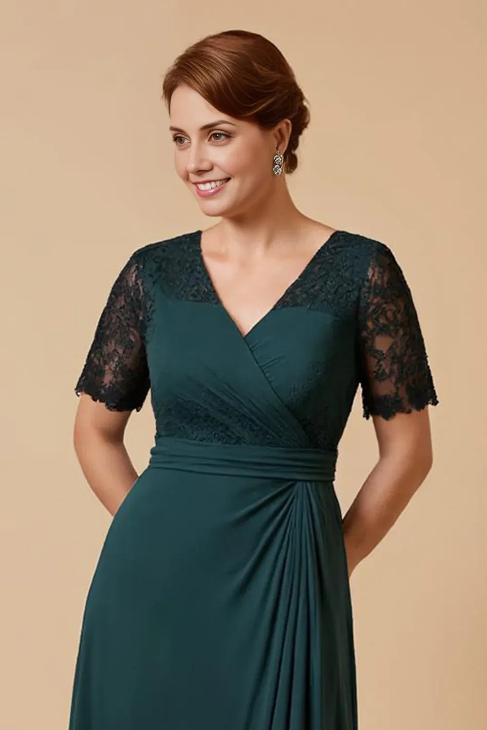 Modern A Line V-Neck Lace Sleeve Zipper Up Ankle-Length Mother of the Bride Dress