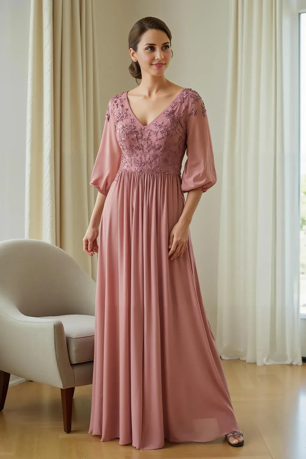 Modern A Line V-Neck Long Sleeve V Back Floor-Length Mother of the Bride Dress