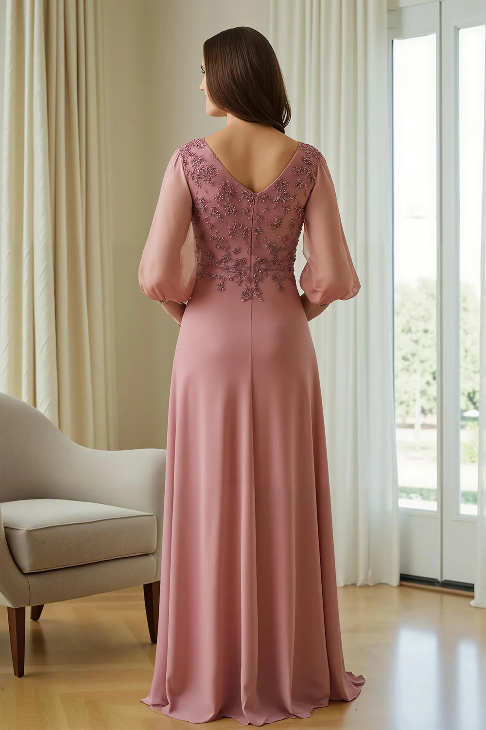 Modern A Line V-Neck Long Sleeve V Back Floor-Length Mother of the Bride Dress