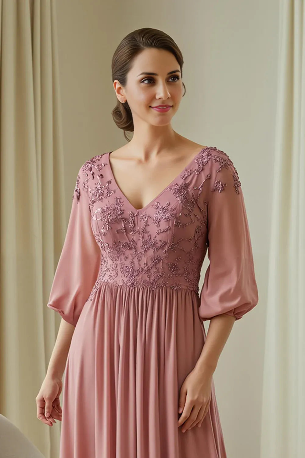 Modern A Line V-Neck Long Sleeve V Back Floor-Length Mother of the Bride Dress