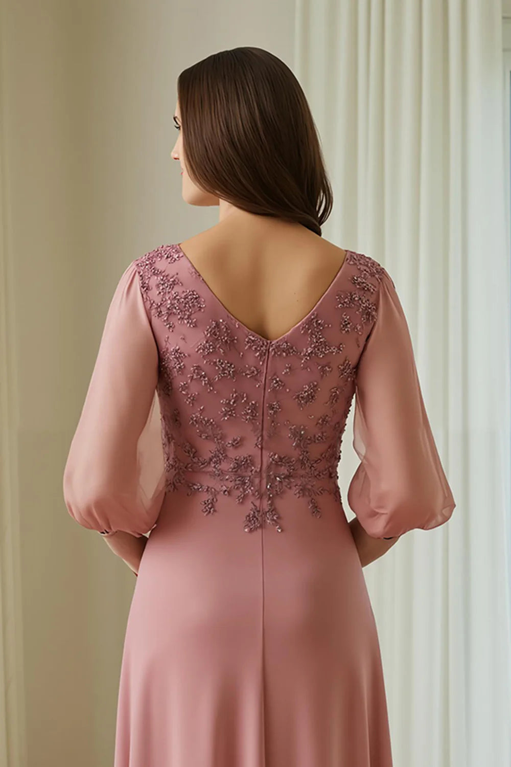 Modern A Line V-Neck Long Sleeve V Back Floor-Length Mother of the Bride Dress