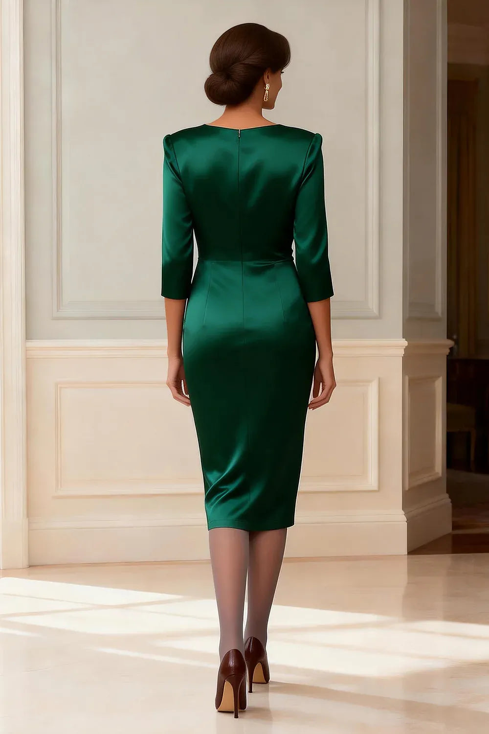 Modern Bodycon V Neck Long Sleeve Satin Ruched Tea-Length Mother of the Bride Dress