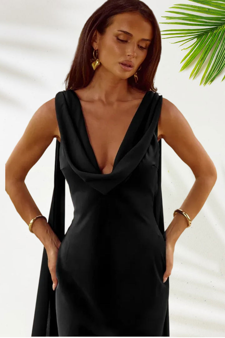 Modern Fitted Cowl Neck Sleeveless Backless Floor-Length Prom Dress