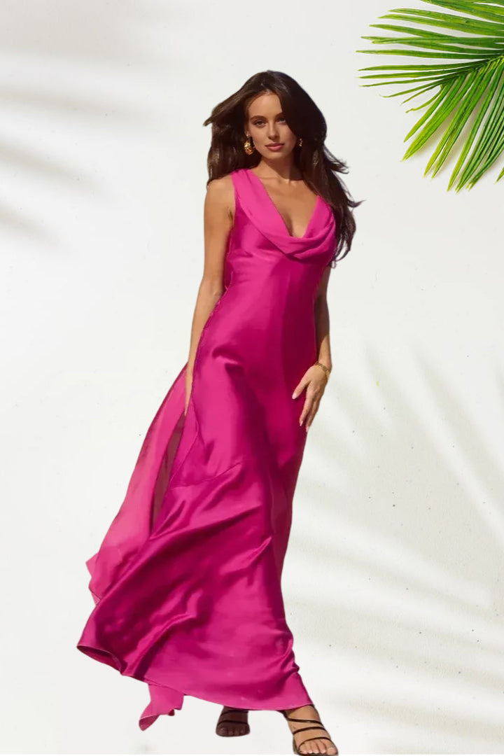 Modern Fitted Cowl Neck Sleeveless Backless Floor-Length Prom Dress