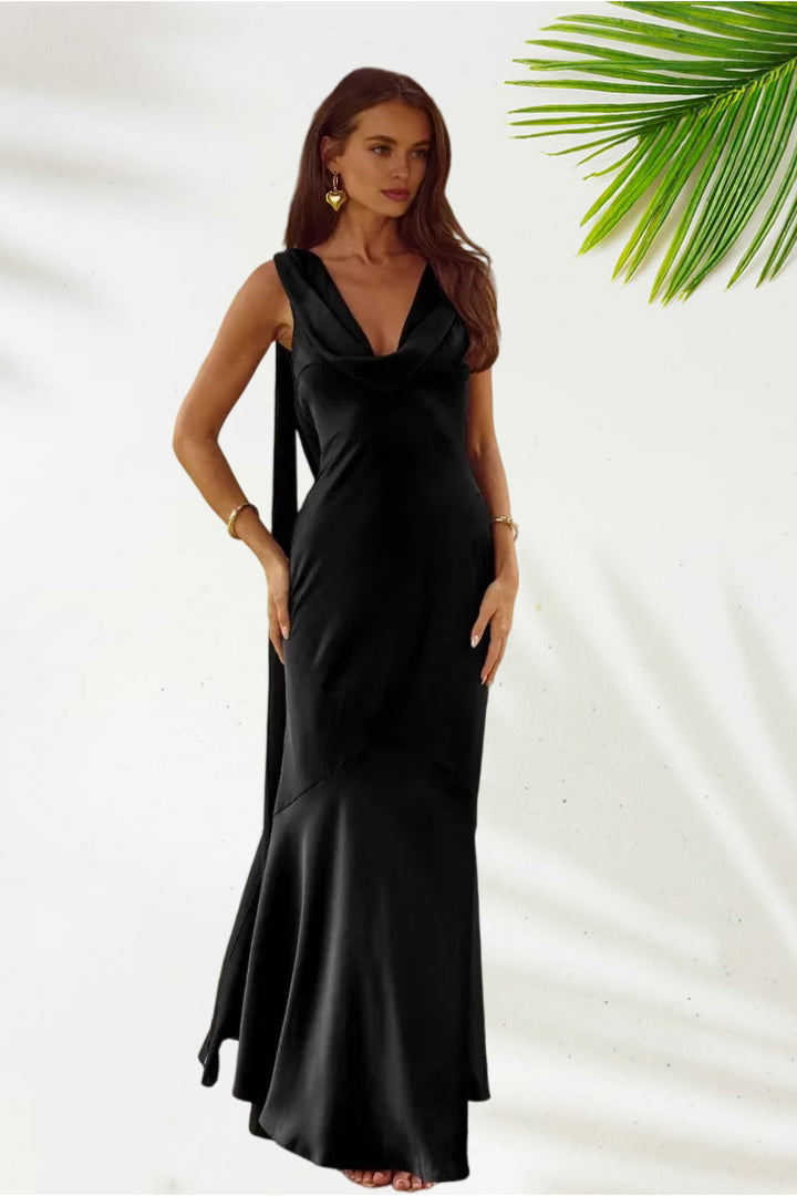 Modern Fitted Cowl Neck Sleeveless Backless Floor-Length Prom Dress